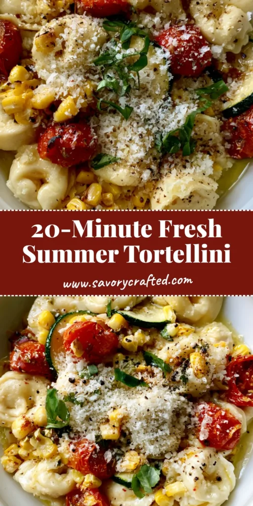 A close-up vertical shot of a white bowl filled with cheese tortellini, burst cherry tomatoes, charred corn, and zucchini. (Summer Tortellini Recipe)