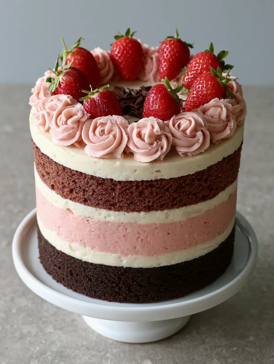 A tall round triple-layer cake with semi-naked frosting and pink rosettes. (Neapolitan Cake Recipe)