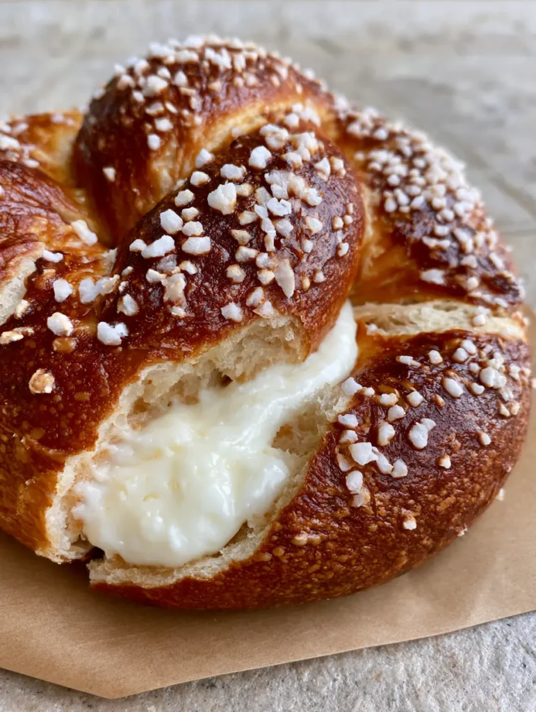 Close up of glossy dark-tan Cheese Stuffed Soft Pretzels sprinkled with large sea salt grains on a stone countertop.