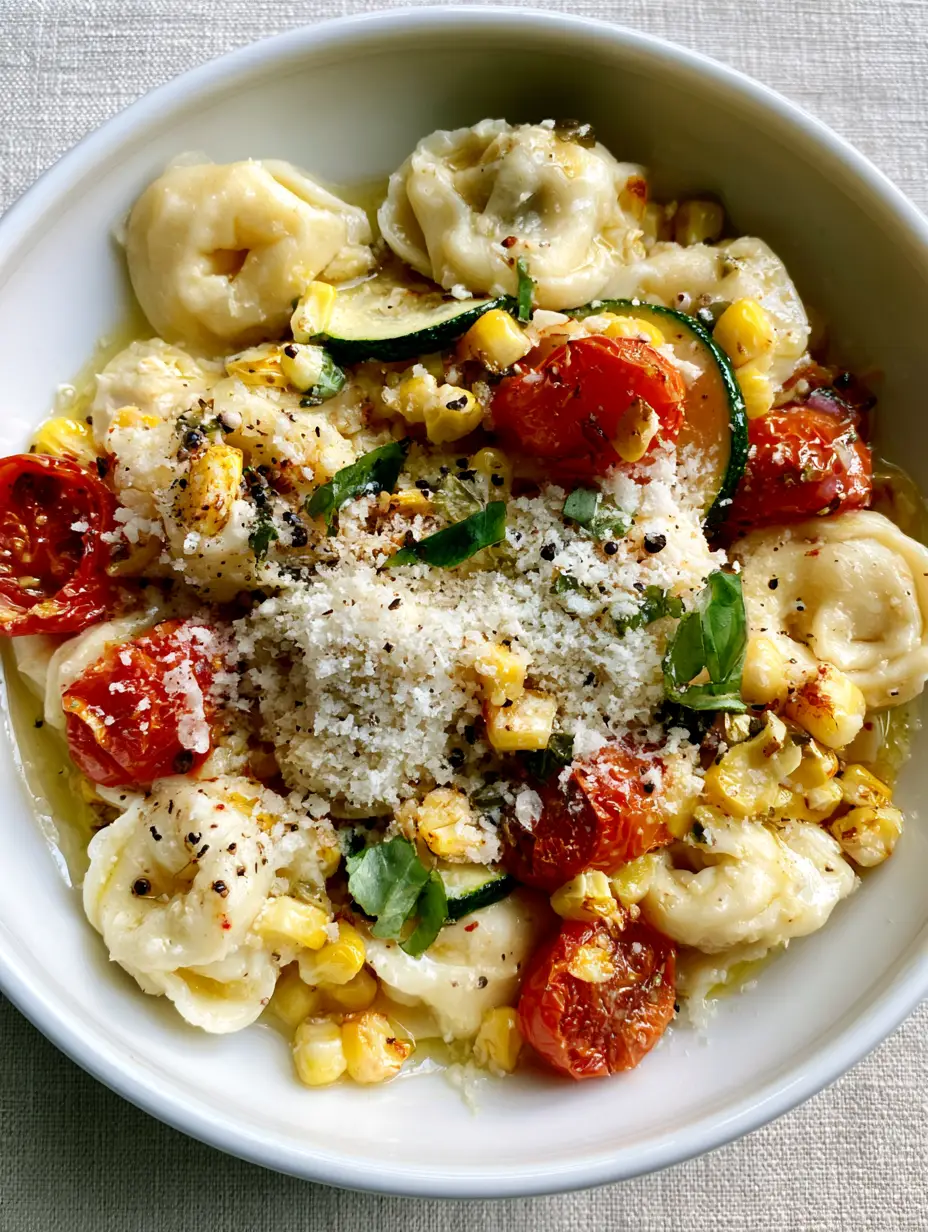 Top-down view of cheese tortellini with blistered red tomatoes, yellow charred corn, and green zucchini half-moons. (Summer Tortellini Recipe)