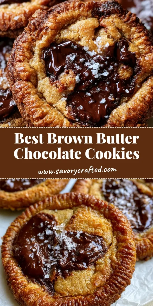 Close-up of three Brown Butter Chocolate Chip Cookies with glossy melted dark chocolate pools and flaky sea salt on crinkled parchment paper.