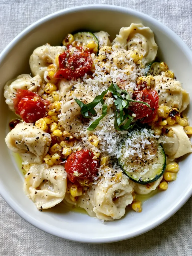 Close up of Summer Tortellini Recipe showing the texture of finely grated parmesan and cracked black pepper.
