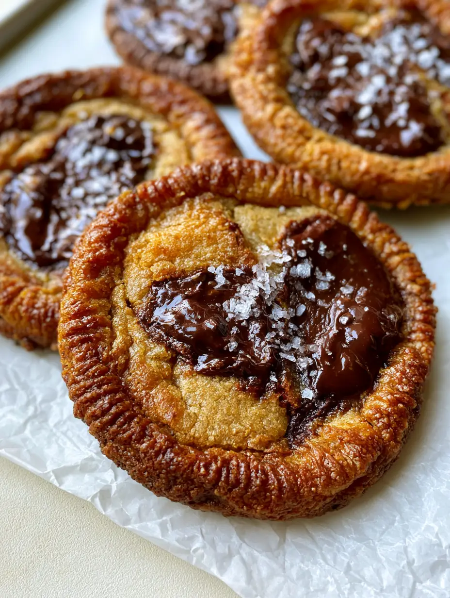 Overhead view of freshly baked Brown Butter Chocolate Chip Cookies showing rippled crispy edges and pools of dark chocolate.