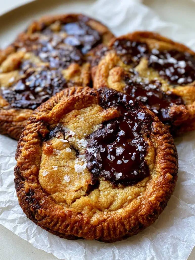 Detailed shot of the soft cracked center and golden-brown perimeter of a Brown Butter Chocolate Chip Cookie.