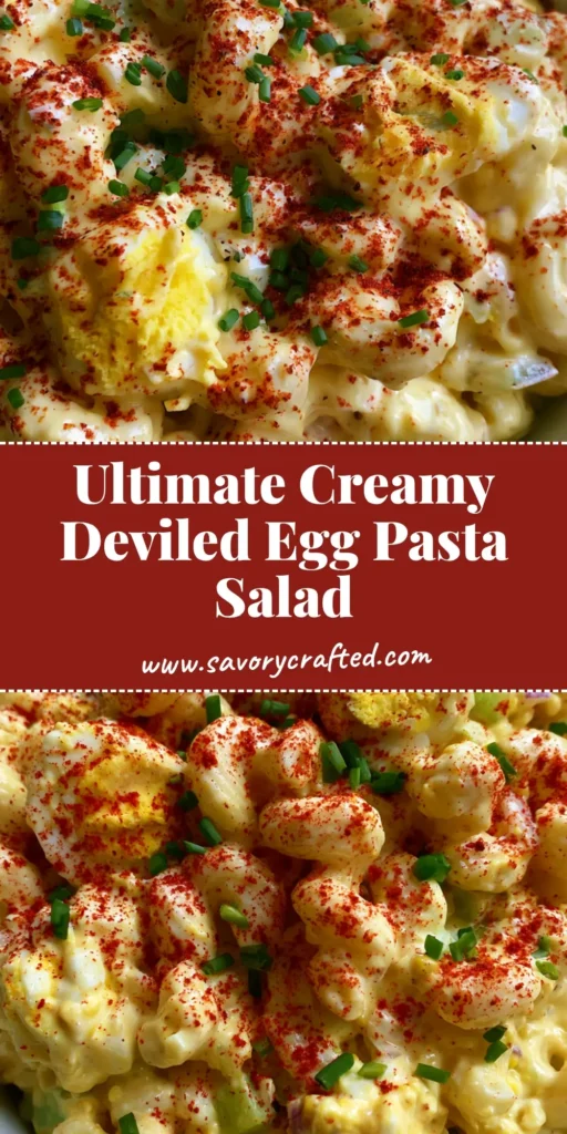 A top-down view of Deviled Egg Macaroni Salad in a white bowl, showing large egg chunks, creamy yellow dressing, smoked paprika dusting, and fresh chives.