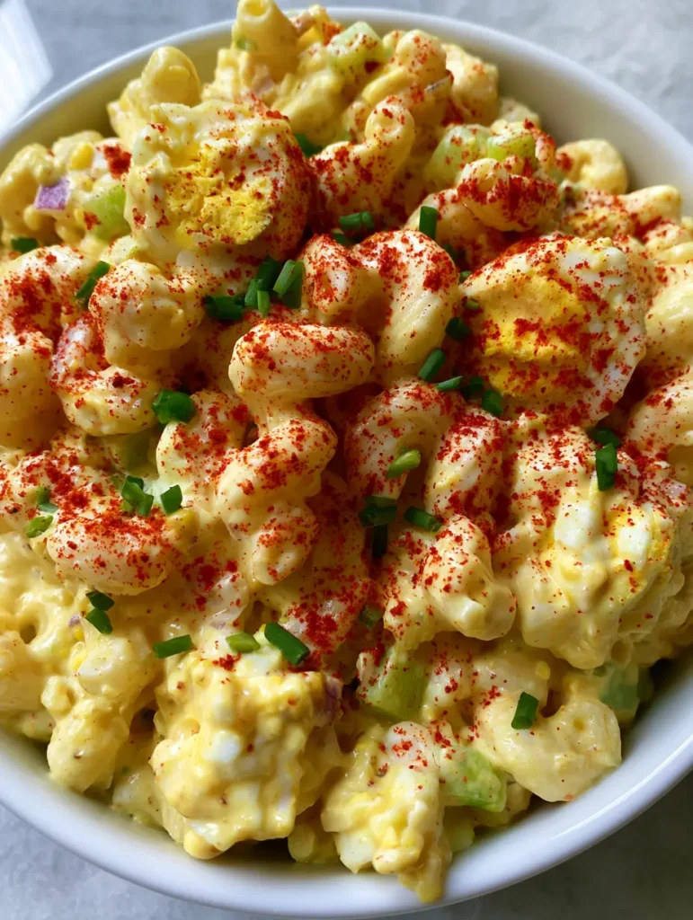 A close-up of glossy Deviled Egg Macaroni Salad featuring elbow pasta and bright yellow egg yolks in a white bowl.