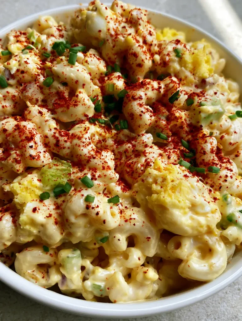 Top-down view of macaroni salad with vibrant red smoked paprika and chopped green chives garnish.