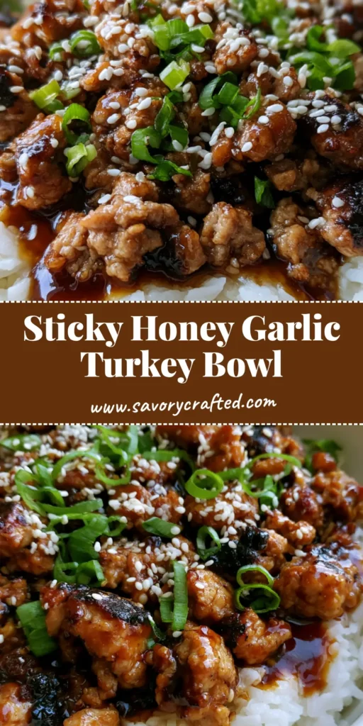 A vertical Pinterest pin showing Honey Garlic Ground Turkey with seared edges and a glossy amber glaze over white rice, garnished with sesame seeds.