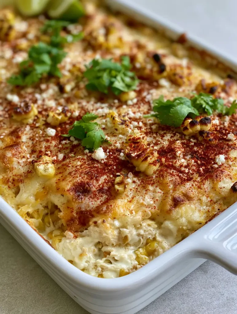Street Corn Chicken Casserole: The Ultimate Creamy Elote Bake 1 Overhead view of Street Corn Chicken Casserole garnished with fresh cilantro and lime wedges.