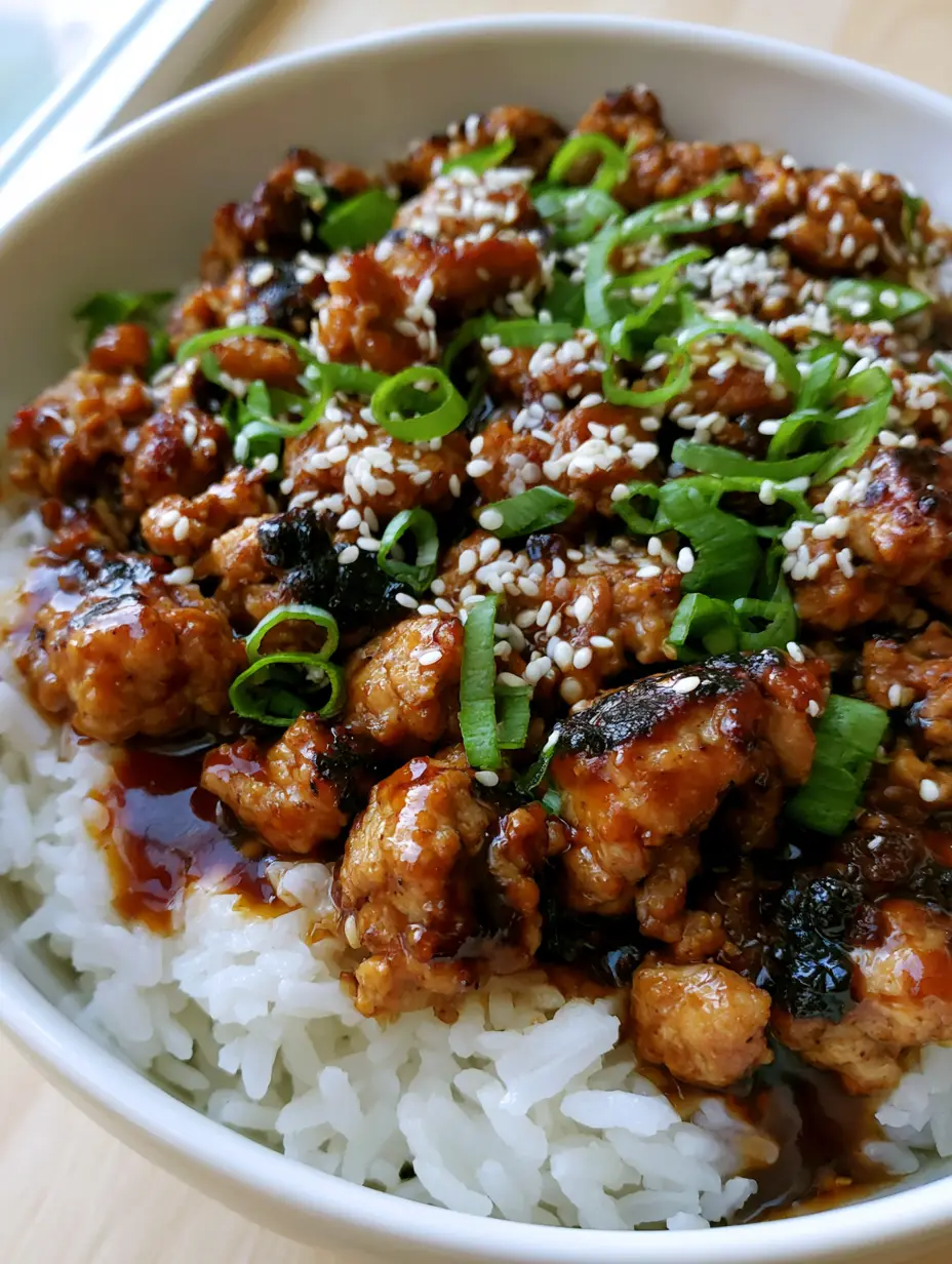 Close-up of Honey Garlic Ground Turkey in a white bowl showing the dark brown seared edges and thick amber sauce.