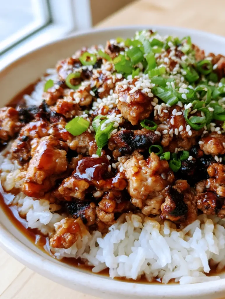Handheld shot of Honey Garlic Ground Turkey over white rice with bright green scallions and sesame seeds.
