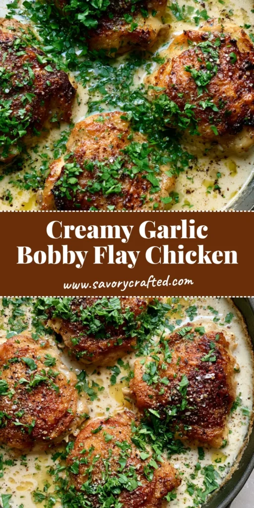 A close-up top-down shot of four crispy Bobby Flay Chicken Thighs in a cast iron skillet with ivory garlic sauce and parsley.