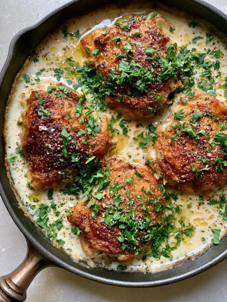 Sizzling skin-on chicken thighs in a dark skillet featuring a thick ivory garlic cream sauce. (Bobby Flay Chicken Thighs)