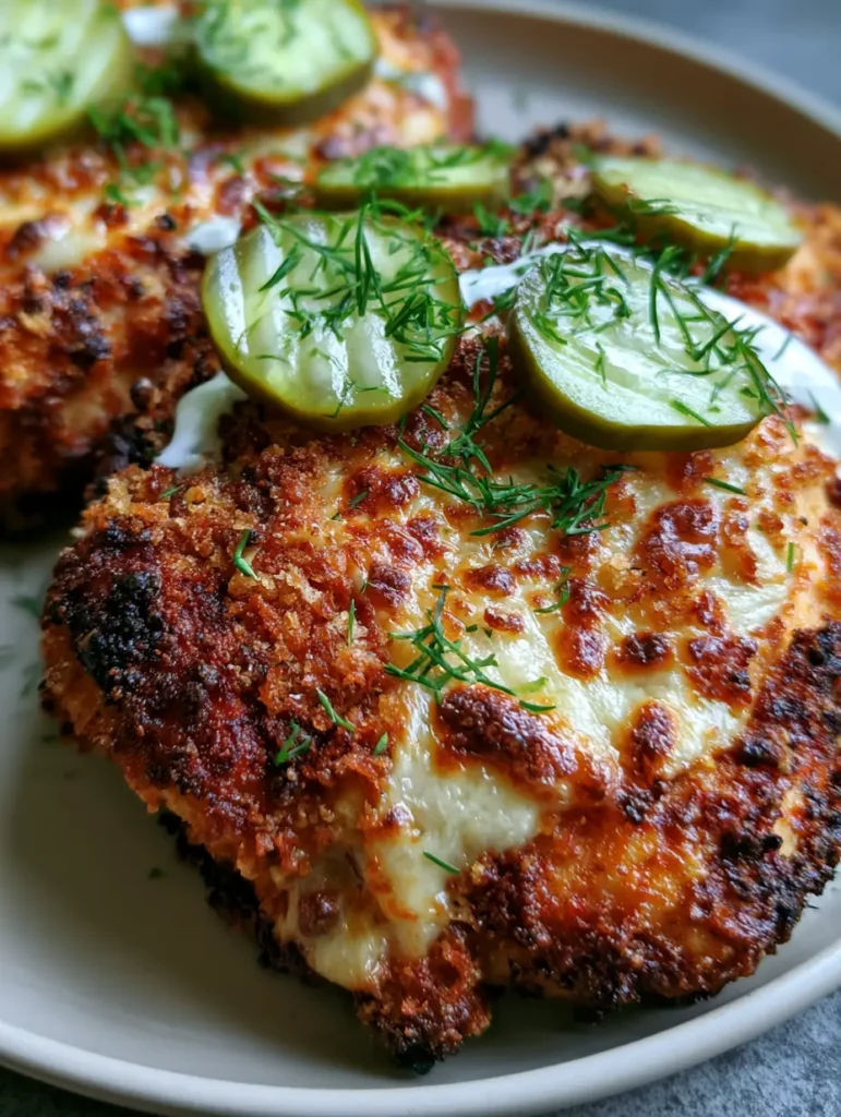 A top-down view of breaded Air Fryer Dill Pickle Chicken garnished with ranch dressing and sliced pickles.
