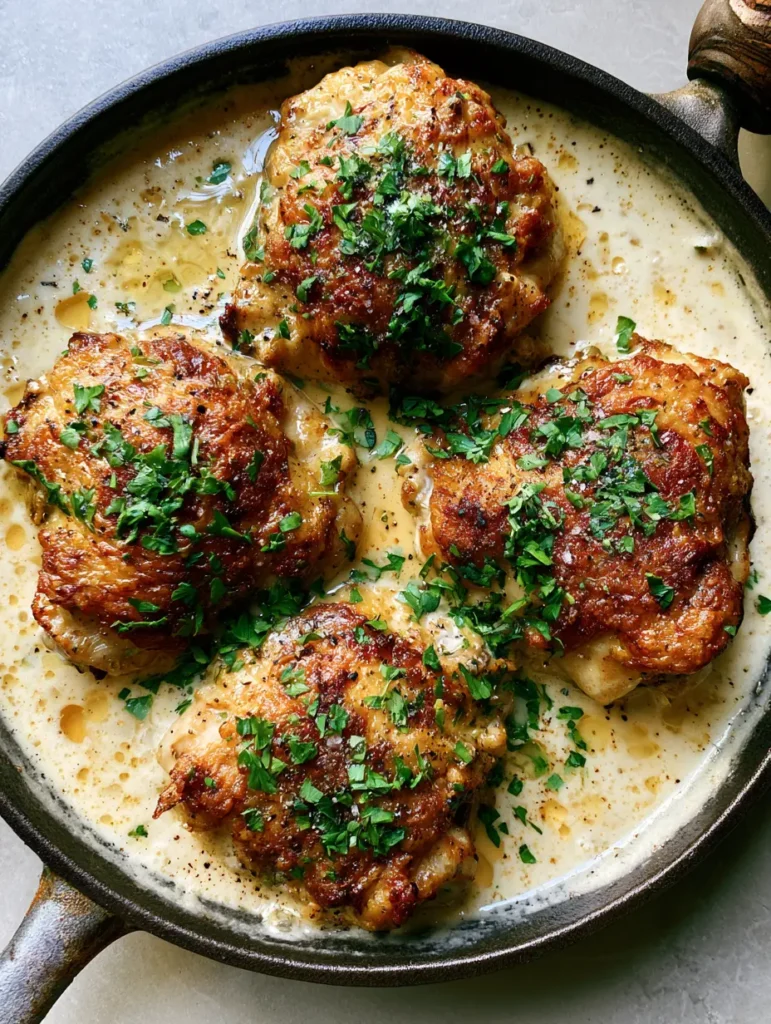 Close-up of bubbling garlic cream sauce surrounding seared chicken thighs garnished with parsley.