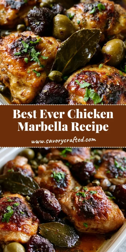 A close-up of roasted bone-in chicken thighs with wrinkled prunes and green olives. (Ina Garten Chicken Marbella)