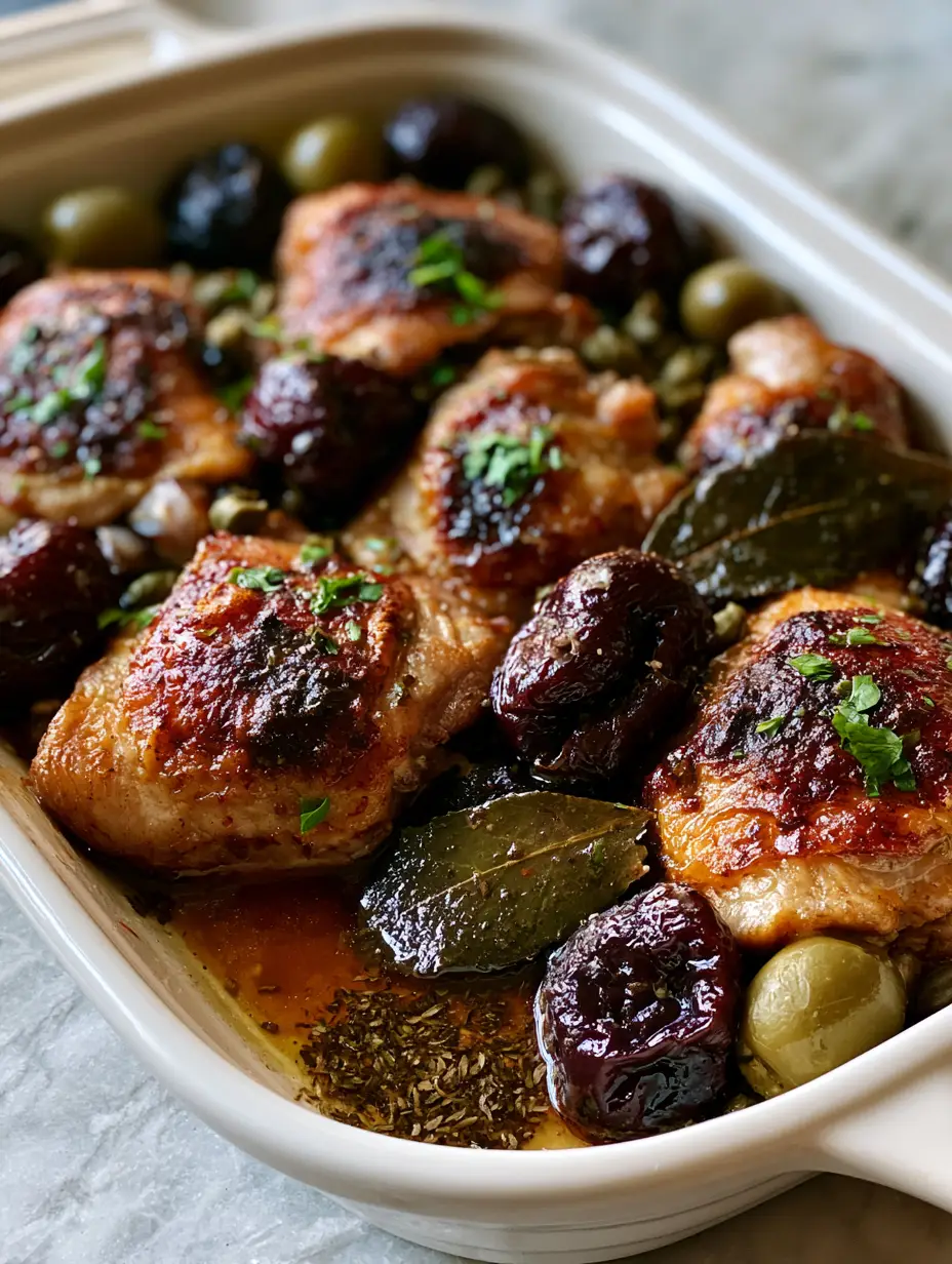 Golden brown roasted chicken pieces in a white dish with prunes and bay leaves. (Ina Garten Chicken Marbella)