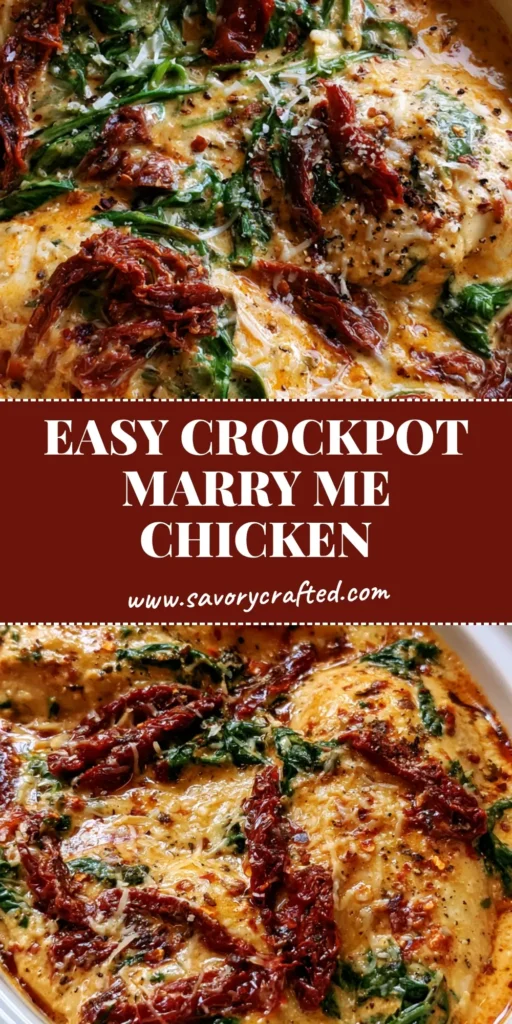 A vertical photo of Crockpot Marry Me Chicken in a white slow cooker, featuring large chicken breasts in a thick orange-tinted cream sauce with sun-dried tomatoes and spinach.