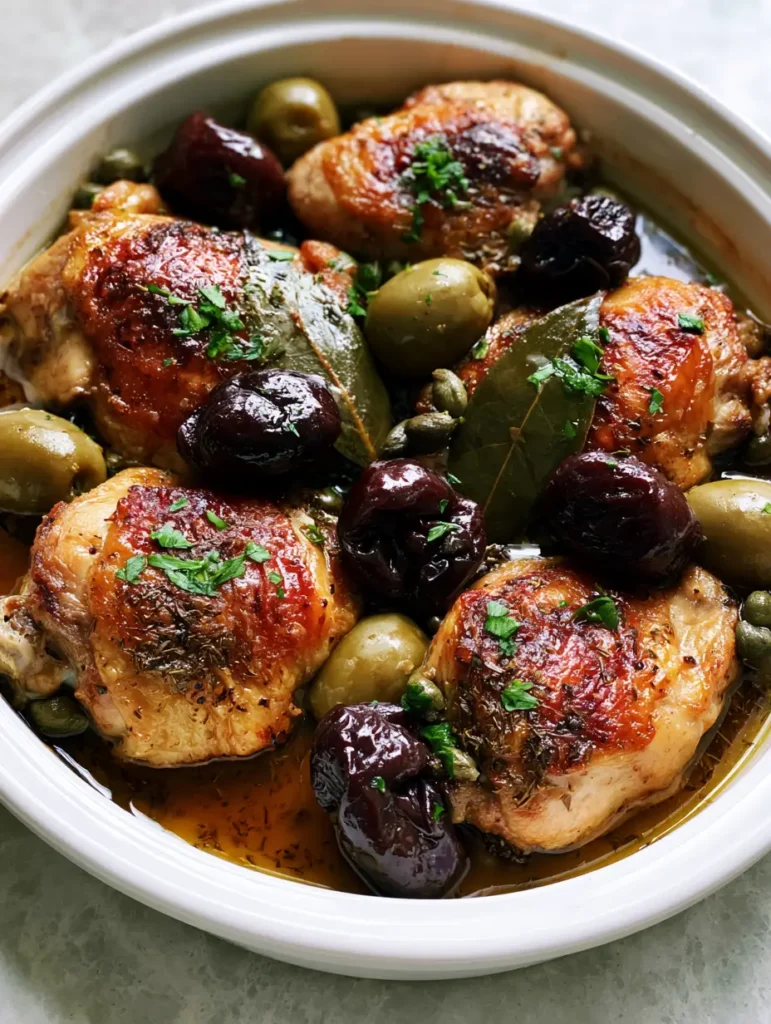 A close-up of the translucent brown pan sauce with capers and olives. (Ina Garten Chicken Marbella)
