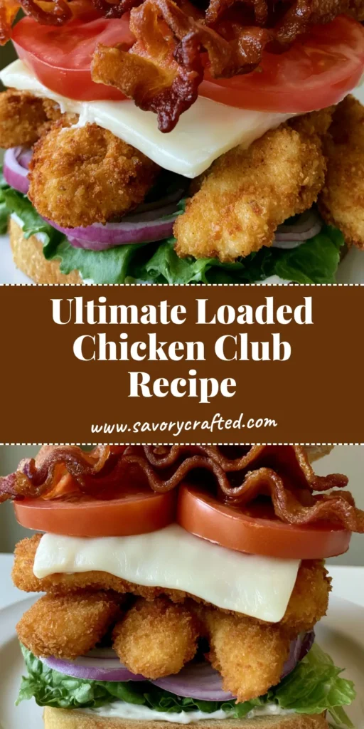 A towering Loaded Chicken Club Sandwich with crispy chicken tenders, melted white cheddar, and wavy bacon on toasted sourdough.