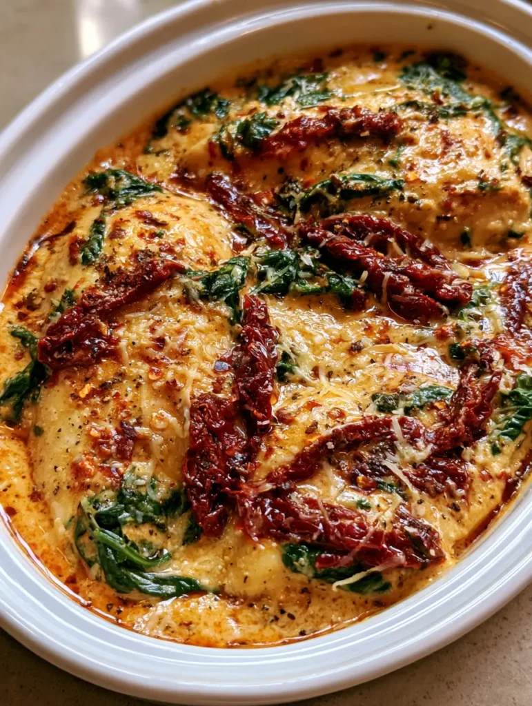 Top-down view of Crockpot Marry Me Chicken with glossy orange sauce, shriveled red sun-dried tomatoes, and green wilted spinach. (Crockpot Marry Me Chicken)