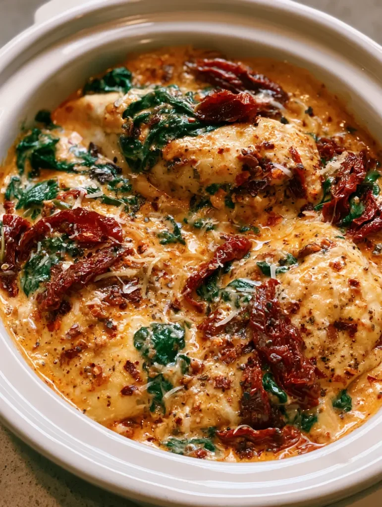 Close up of a ceramic crockpot filled with tender chicken breasts submerged in a thick, sun-dried tomato cream sauce with melted parmesan shreds.
