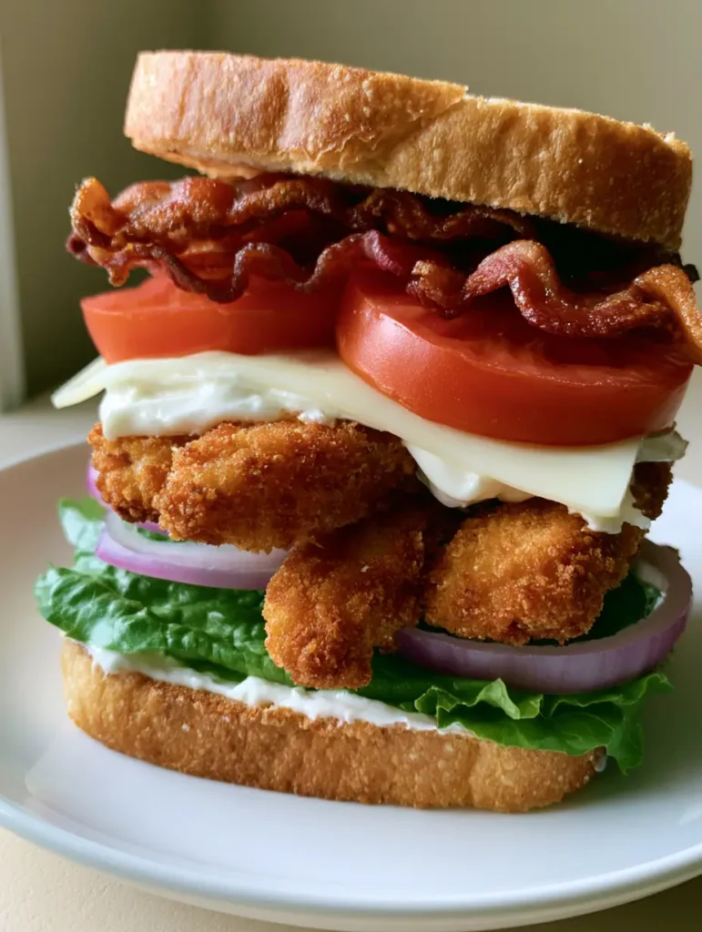 A handheld view of the Loaded Chicken Club Sandwich on a white plate, highlighting the melted white cheddar.