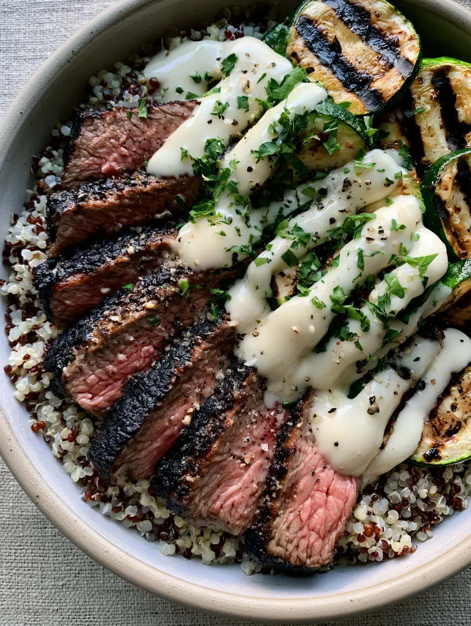 Grilled Steak Bowl with Creamy Garlic Sauce and Charred Zucchini 3 A handheld smartphone photo of a Grilled Steak Bowl with medium-rare steak slices, grilled zucchini, and parsley garnish in a ceramic bowl.