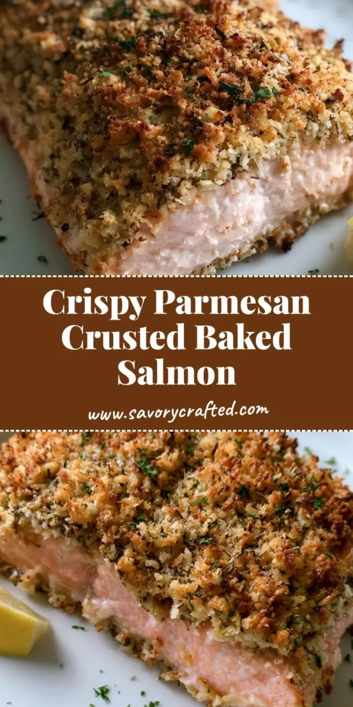 A close-up shot of Parmesan Crusted Salmon with a crunchy golden-brown crust and fresh lemon wedge on a white plate.