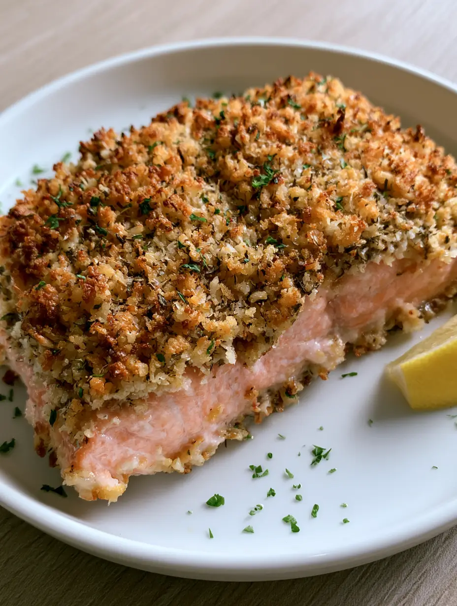 Handheld photo of a thick flaky Parmesan Crusted Salmon fillet with toasted panko and herbs.