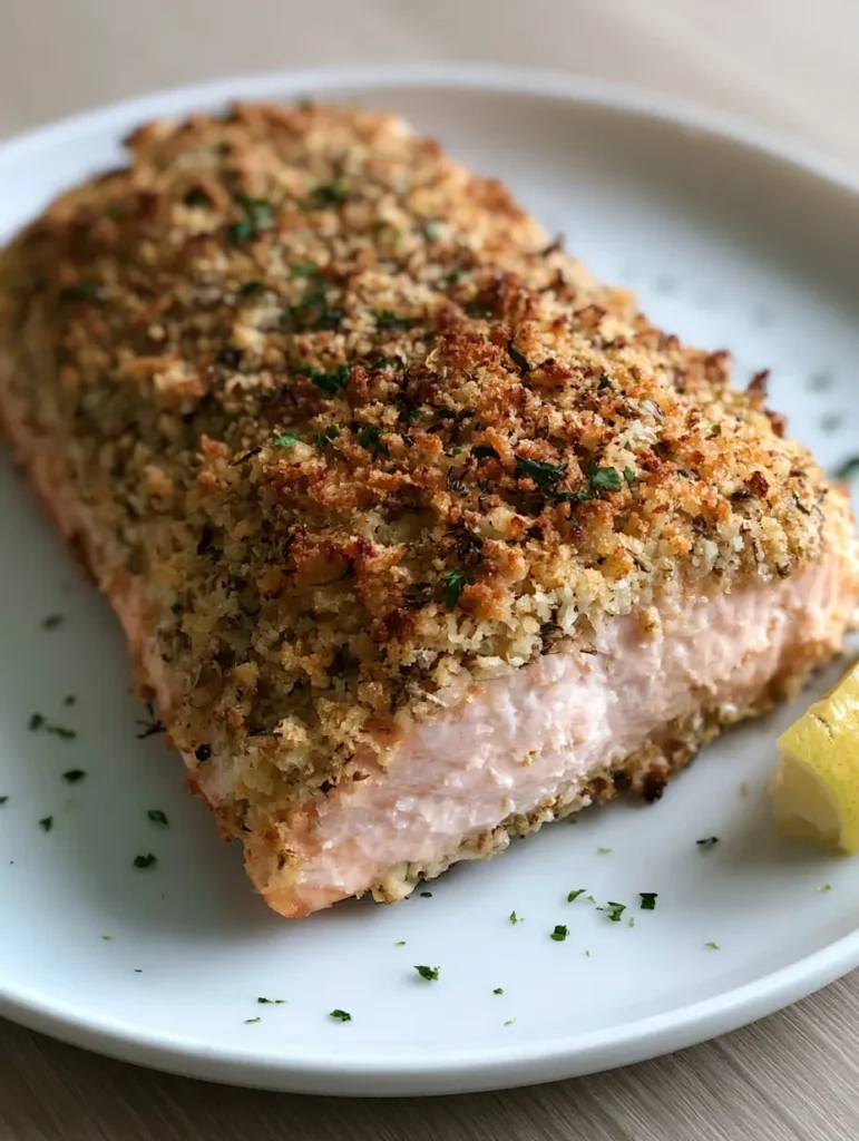 Baked Parmesan Crusted Salmon served on a white ceramic plate with fresh parsley specks.