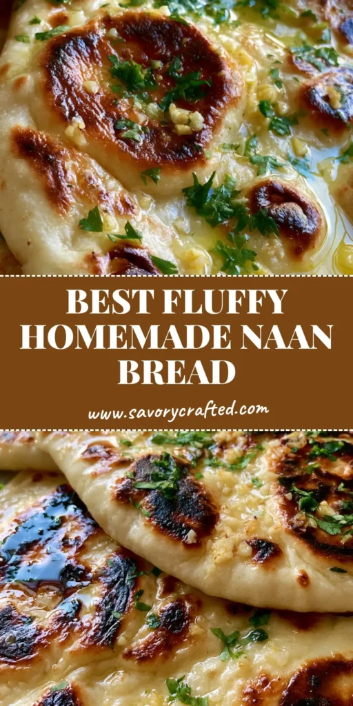 A stack of Homemade Naan Bread with charred bubbles, melted butter, minced garlic, and fresh cilantro on a neutral plate.
