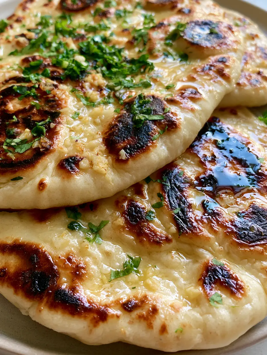 Close-up of Homemade Naan Bread showing oily reflection, soft texture, and golden-brown blisters.