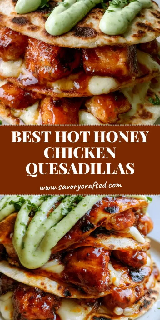 A stack of toasted Hot Honey Chicken Quesadillas with visible melted white cheese, seared chicken, and a zigzag of green jalapeno sauce.