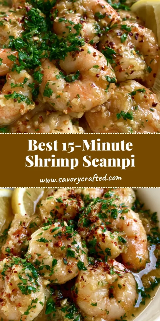 A close-up of Garlic Butter Shrimp Scampi in a shallow white ceramic bowl with glossy sauce, parsley, and lemon wedges.