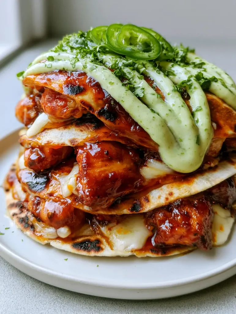 Close up of seared chicken chunks in a reddish-amber hot honey glaze inside a toasted flour tortilla. (Hot Honey Chicken Quesadillas)