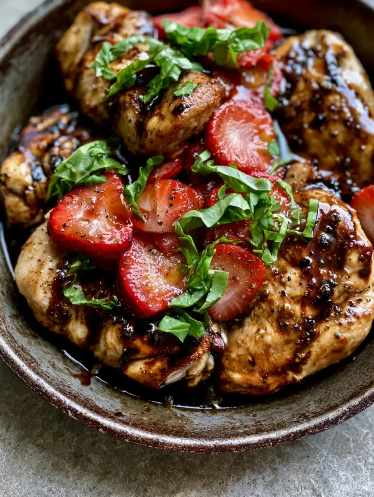 Succulent chicken breasts in a skillet topped with bright red strawberries, green basil, and cracked black pepper.