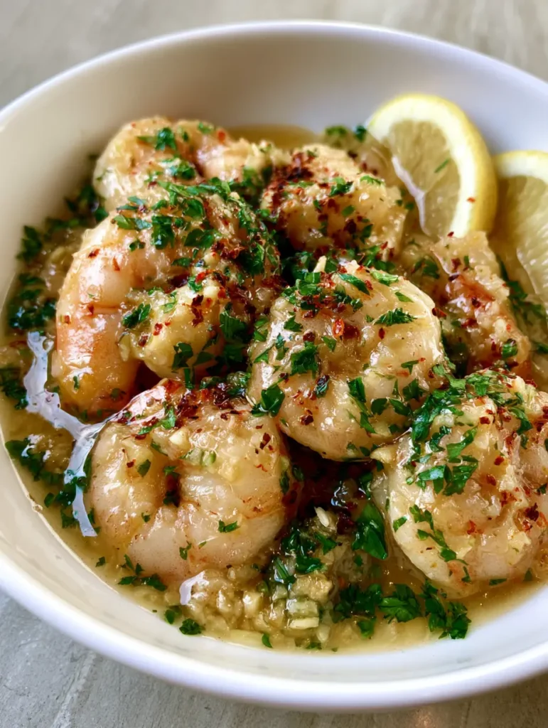 Handheld photo of Garlic Butter Shrimp Scampi garnished with fresh parsley and red pepper flakes.
