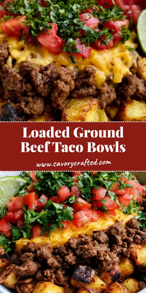A vertical close-up of a Ground Beef and Potato Taco Bowl featuring crispy golden roasted potatoes, seasoned beef, melted cheddar cheese, fresh tomatoes, and cilantro in a white ceramic bowl.