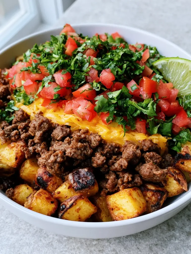 Overhead shot of Ground Beef and Potato Taco Bowls showing the thick layer of melted cheddar cheese and vibrant fresh toppings.