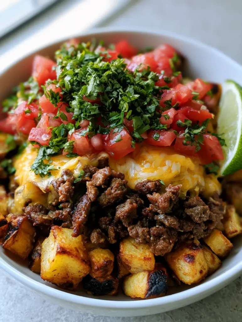 A side view of the Ground Beef and Potato Taco Bowls showcasing the crispy cubed roasted potatoes at the base.