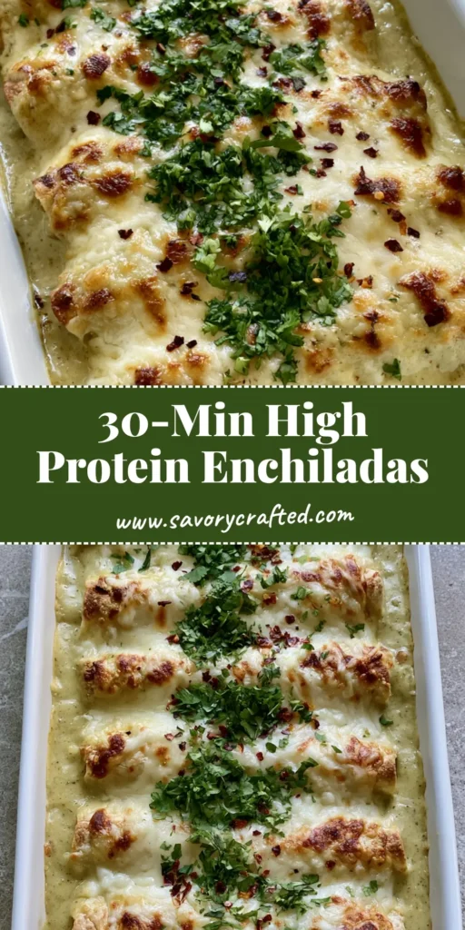 A rectangular white ceramic baking dish filled with High Protein Chicken Enchiladas smothered in green sauce and bubbling mozzarella cheese with golden charred spots.