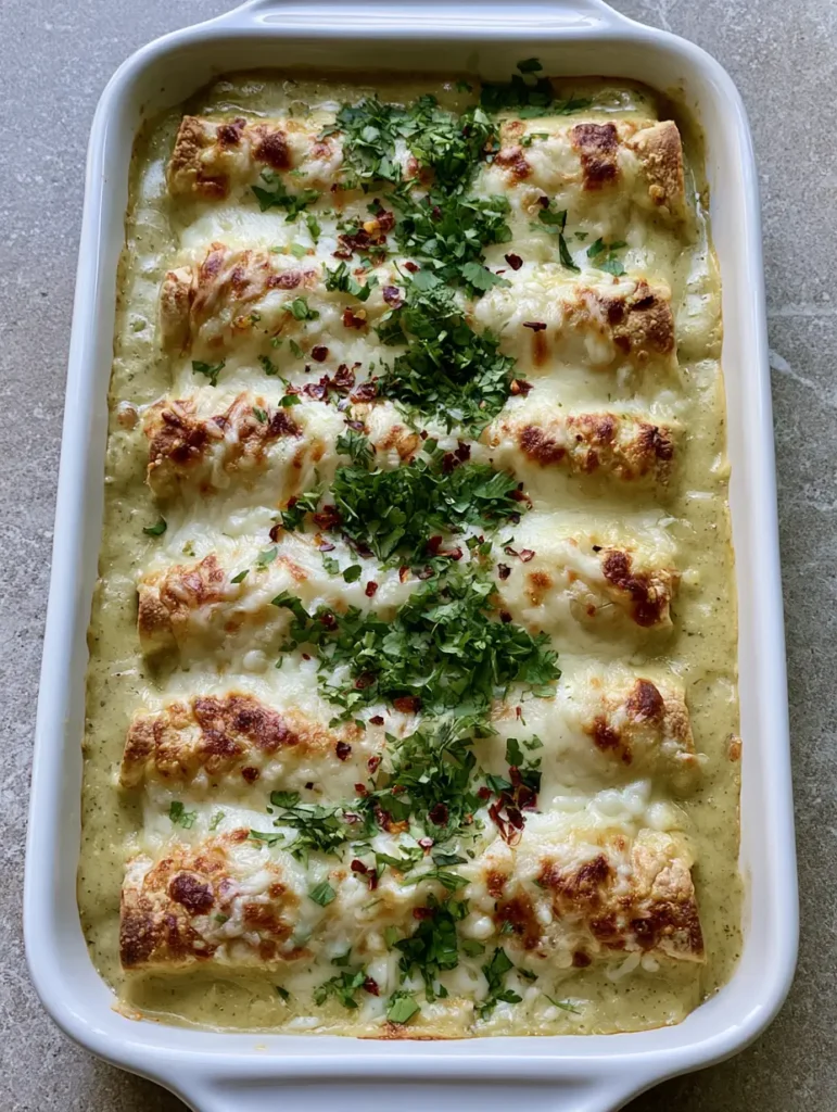 Close up high-angle photo of High Protein Chicken Enchiladas in a white dish with cilantro and chili flakes.