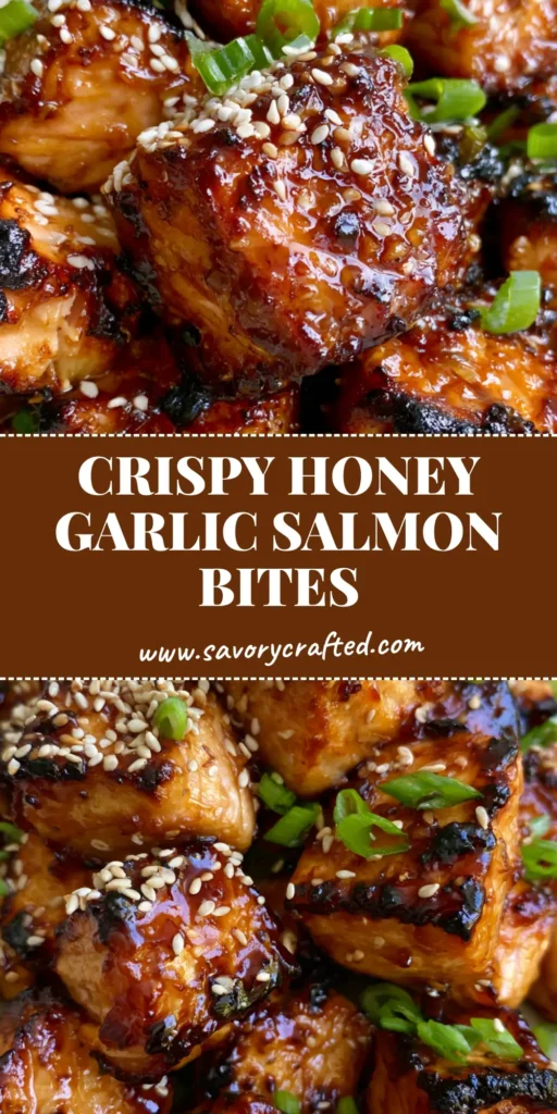 A close up handheld photo of Honey Garlic Salmon Bites piled on a plate, featuring charred crispy edges and a thick amber glaze topped with sesame seeds.