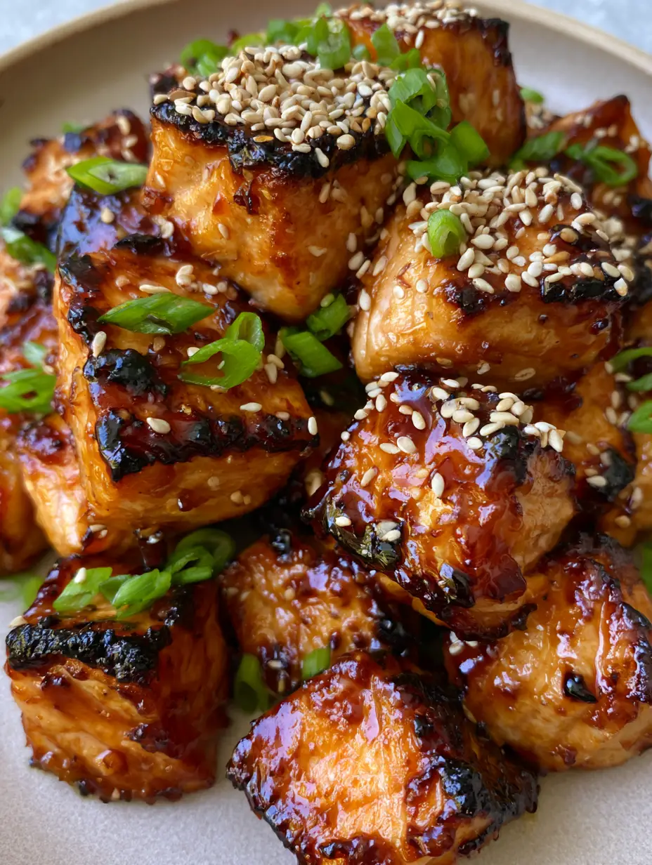 Close up shot of seared Honey Garlic Salmon Bites showing visible flaky texture and a glossy amber-toned honey garlic glaze.