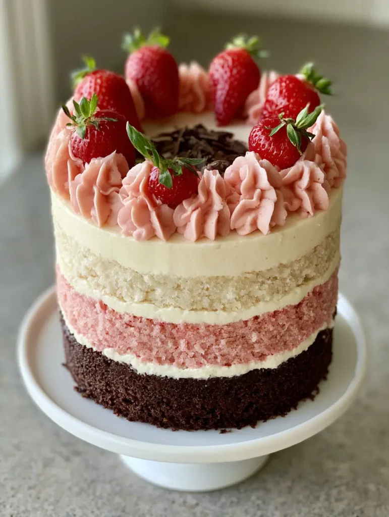 Top view of a Neapolitan Cake with strawberry rosettes and chocolate shavings.