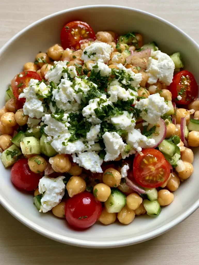 Close-up handheld smartphone photo of a fresh High-Protein Chickpea Salad featuring glistening lemon vinaigrette and red onions.