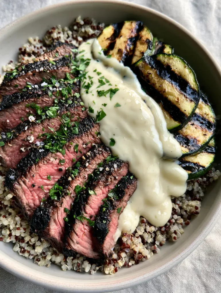 Grilled Steak Bowl with Creamy Garlic Sauce and Charred Zucchini 1 Close up of the charred zucchini and medium-rare steak in a Grilled Steak Bowl topped with thick garlic cream sauce.