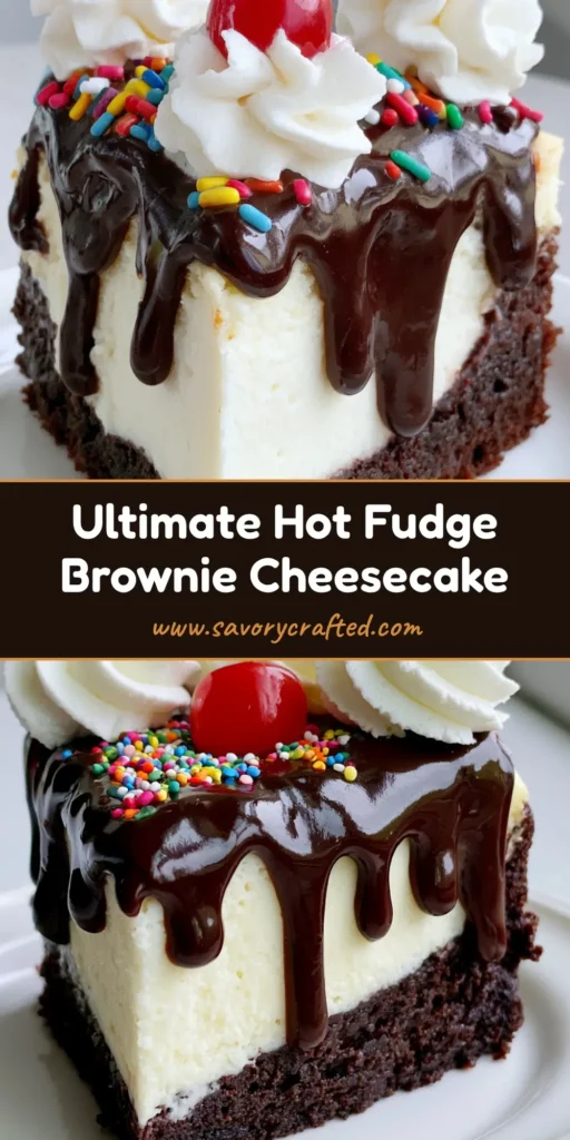 A tall, decadent slice of Hot Fudge Sundae Brownie Cheesecake with a dark brownie base, white cheesecake, and dripping hot fudge topped with whipped cream and a cherry.
