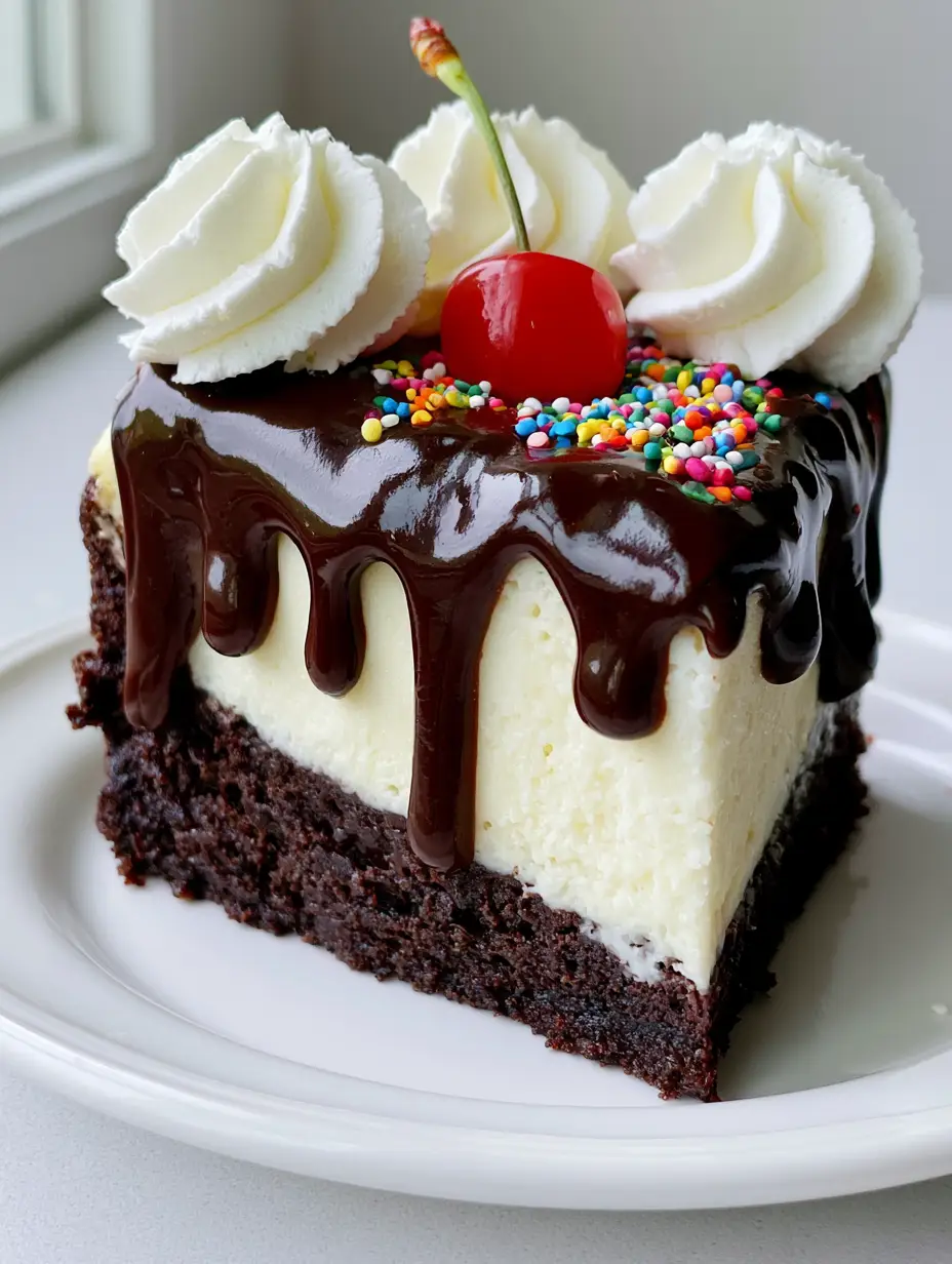 Smartphone photo of Hot Fudge Sundae Brownie Cheesecake on a white plate featuring thick glossy fudge drips and rainbow sprinkles.